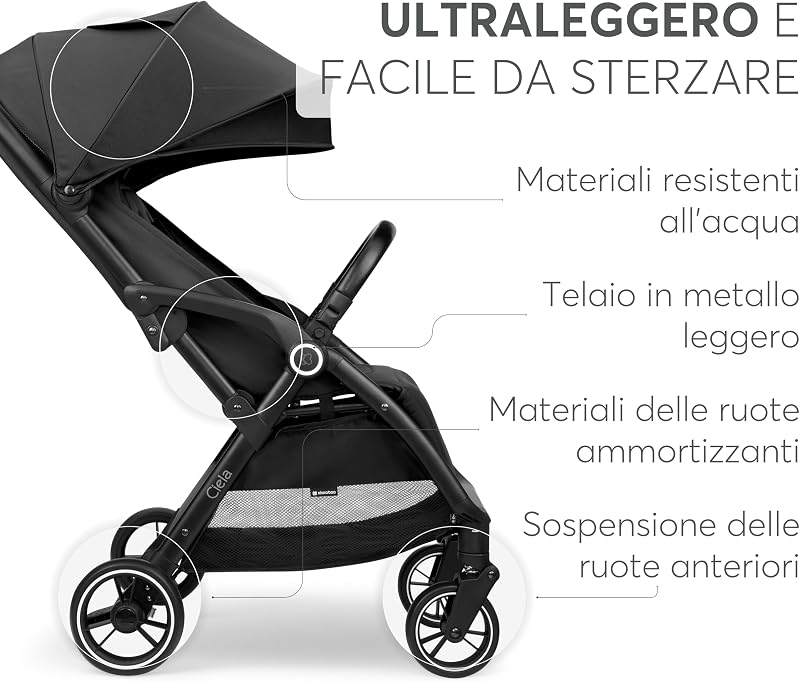 KikkaBoo Passeggino Leggero fino a 22 kg CIELA, Piegatura Automatica, Schienale Reclinabile, da Viaggio, Misura Bagaglio a Mano, Nero