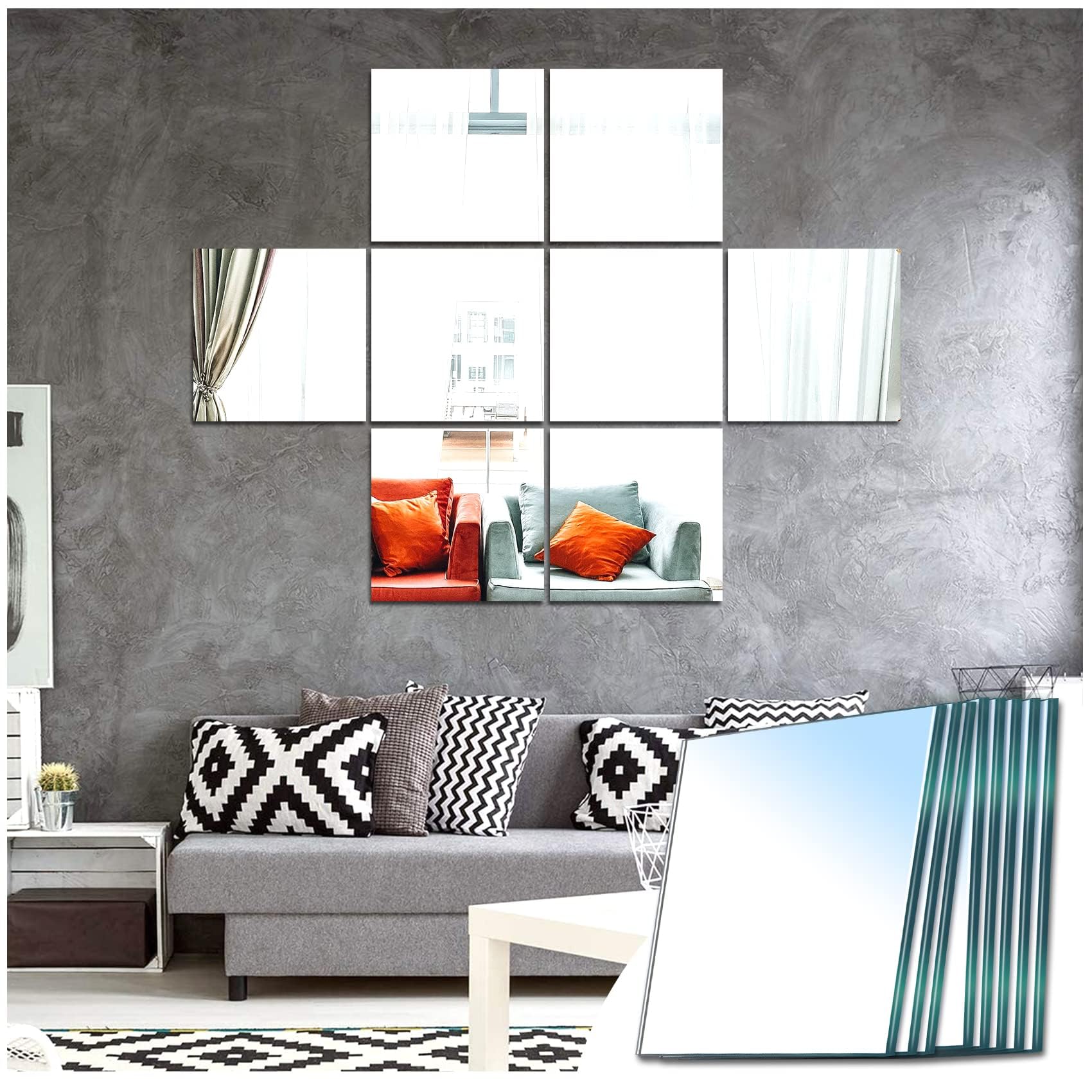 Sqinor 8 Pieces Self Adhesive Mirror Tiles HD Glass 20.5x20.5cm, Stick On Mirror Wall Decoration Square Wall Mirrors for Living Room Bedroom Hallway