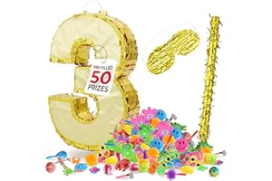 HOMEIFY Gold Foil Number Pinata for Birthday Party for Girls & Boys with Gold Blindfold and Stick, Prefilled with Assorted Party Favors 50 Pcs, Birthday Party Decorations (3)