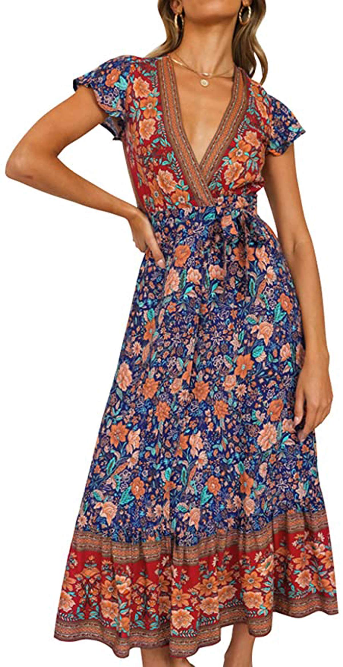 Photo 1 of ***used**R.Vivimos Women's Summer Short Sleeve Floral Print Bohemian Beach Waist Tie Wrap Long Flowy Dress with Slit (XS, NavyBlue)