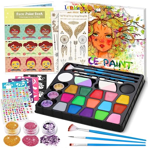 lenbest Face Paint Kit for Kids - 17 Color Holloween Face Painting Palette Professional Party Pack - 5 Metallic Colors | 3 Glitter & 3 Brushes | Halloween Party Carnival Makeup Face Paint Kit for Kids