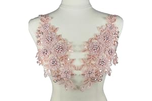 YOOGCORETT 1 Pair 3D Embroidered Lace Sew on Rhinestone Beaded Sequins Flower Patch Applique for Clothing Wedding Dress Applique Decor 12.6 x 6 Inch, Pink