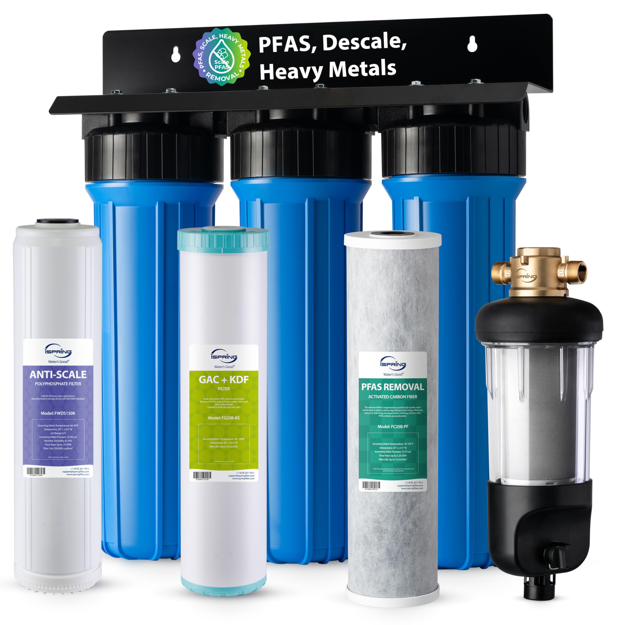 iSpring Whole House Water Filter System Ultimate PFAS Scale and Heavy Metals Protection Removes Up to 99% PFOA & PFOS with SGS-Tested Media, Jumbo Spin-Down Sediment Filter Model: WGB32B-PFKDS+WSP50J Image