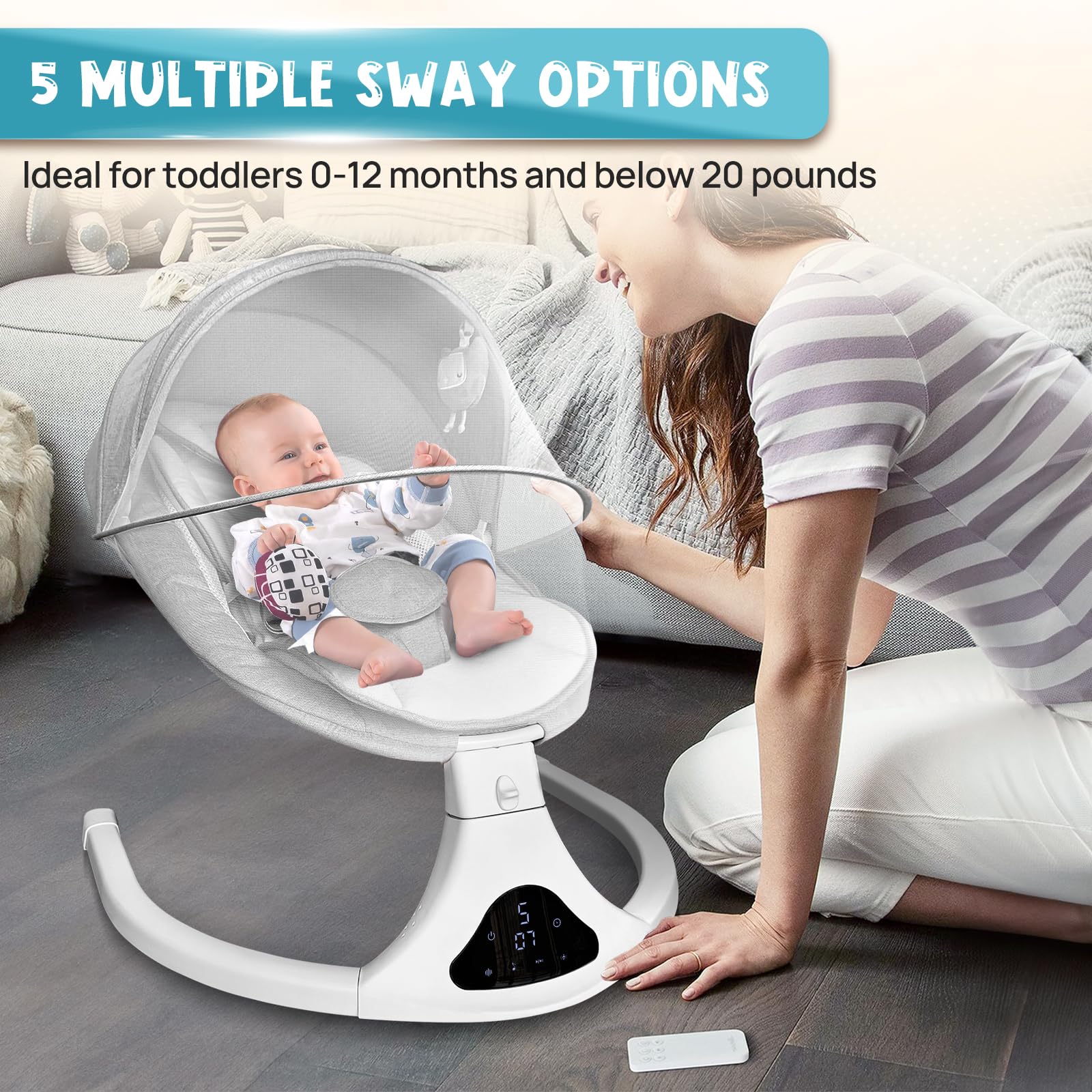 Electric Baby Swing for Infants to Toddler| Portable Infant Swing with Remote Control, Rocker with 5 Speeds, 3-Point Harness for Baby Boy Girl (Light Grey)