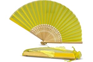 FANSOF.FANS Fabric Handheld Folding Hand Fan With a Tassel Grade A Bamboo Ribs for Women Girls Summer Party Event Favor Birthday Wedding Souvenir Gift (Lemon Yellow)