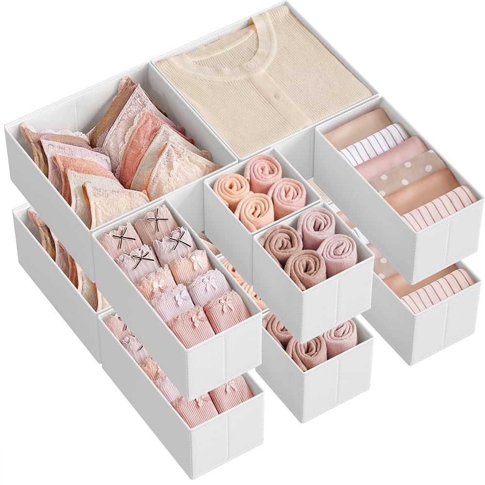 SONGMICS Drawer Organisers Set of 12 Foldable Fabric Storage Boxes Cloud White