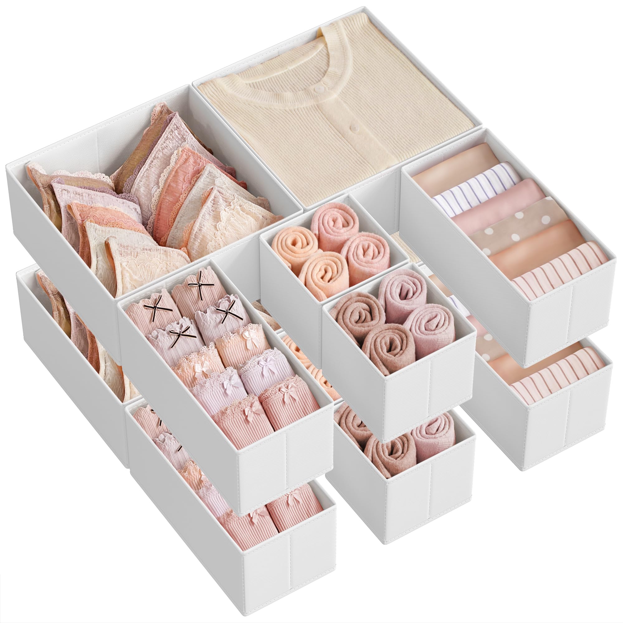 SONGMICS Drawer Organisers, Dresser Dividers, Set of 12, Foldable Fabric Storage Boxes for Socks, Underwear, Bras, Ties, Scarves, Cloud White RDZ006W02