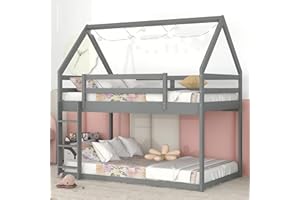 Bellemave Twin Over Twin House Bunk Bed for Kids, Wood Floor Low Bunk Beds with Ladder and Guardrails for Girls and Boys, Grey