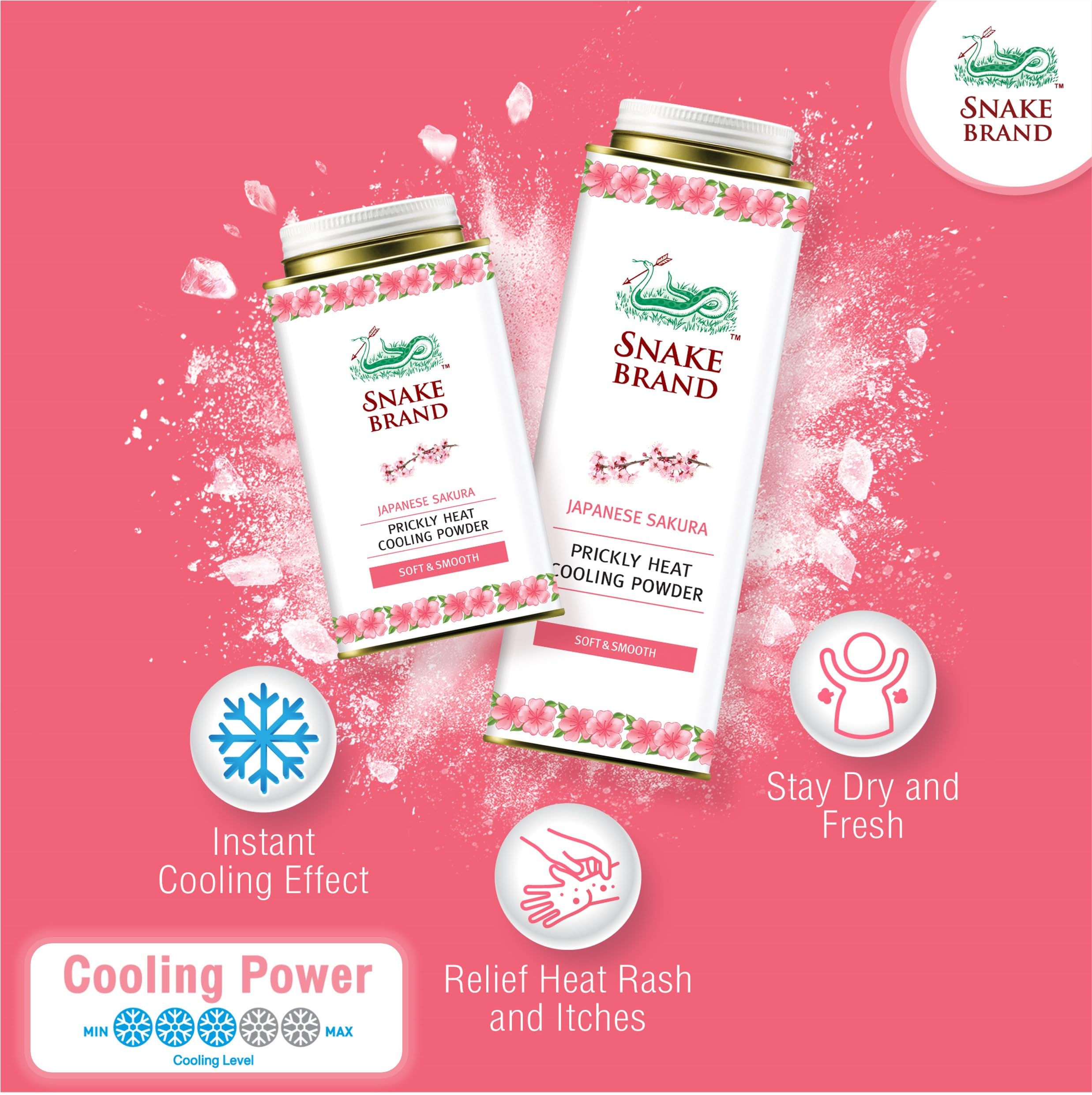Snake Brand Prickly Heat Cooling Powder for Everyday Use - Anti-Chafing, Heat Rash Relief, Soft Sakura Scent (4.9 Oz / 140g)