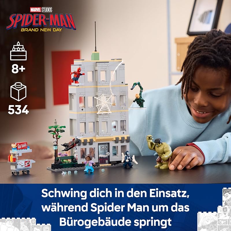| Marvel Großer Showdown: Spider-Man vs. Hulk - Interaktives Spielzeug mit 4-stöckigem Bürogebäude, Actionfigur und 5 Minifiguren inkl. Scorpion - Geschenk für Jungen ab 8 Jahren und Fans - 76350