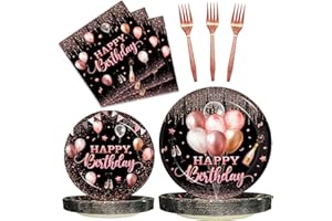Kepeel 96 Pcs Rose Gold Birthday Plates and Napkins Party Supplies for Women Paper Pink Girls Glitter Happy Birthday Party Disposable Tableware Set Decorations Favors, Serves 24