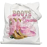 Forest Charger Pink Cowboy Boots & Hat Canvas Tote Bag, Gifts for Women Who Love Western Style, Cute Country Aesthetic Reusable Tote for Shopping, Concerts, Daily Use