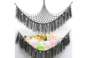 YELIENM Stuffed Animals Net or Hammock with LED Light, 59 inch Toy Hammock Net for Stuffed Animals Corner Hanging Stuffed Animal Storage Stuffed Animal Holder for Nursery Kids Bedroom… (Black)