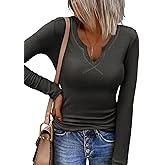 Zeagoo Womens Long Sleeve Shirts V-Neck Rib Knit Slim Fit Tops Casual Stretch Basic Tee Going Out Top Fall Fashion 2025