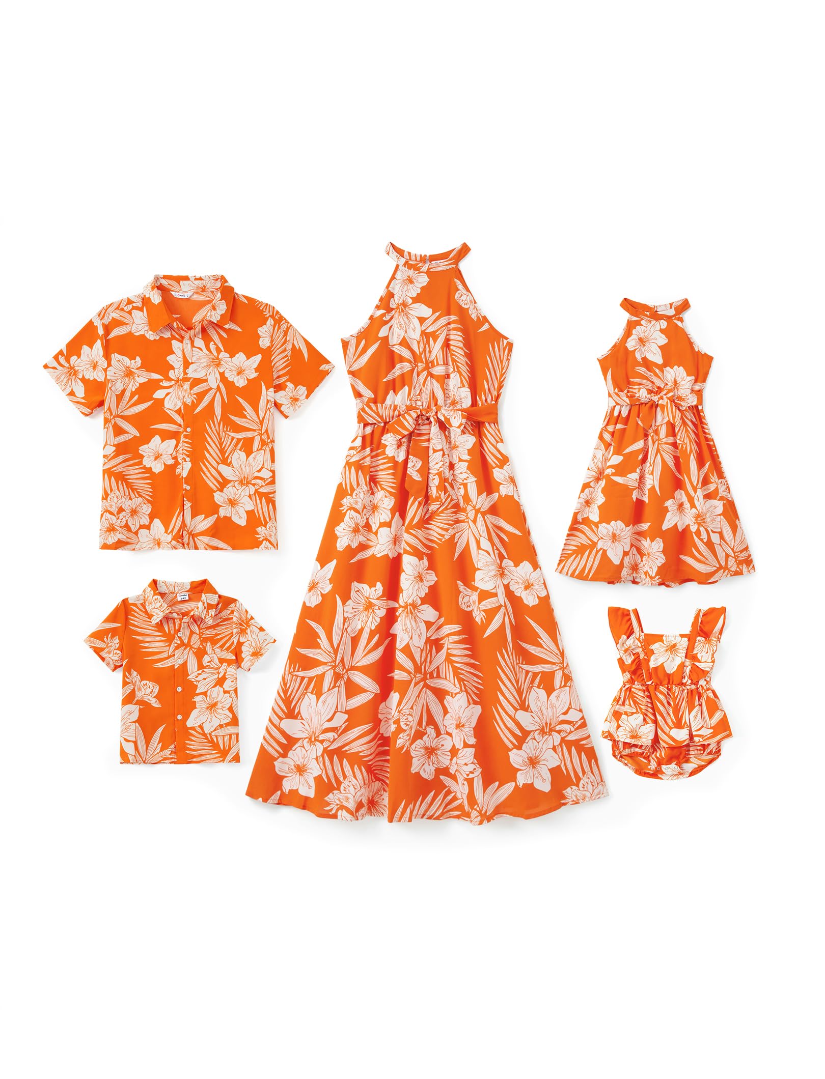 Photo 1 of PATPAT Family Luau Matching Outfits Mommy and Me Beach Dresses Tropical Palm Leaf Print Halter Neck Sundresses Matching Hawaiian Outfits for Couples Orange Floral Vacation Hawaiian Dresses for Women M