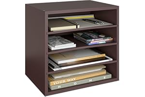 Ballucci 4-Tier Paper Organizer, Desk File Organizer, Stackable Letter Tray, Wood Mail Sorter with Adjustable Storage Shelves, Office Desk Organizer, Dark Brown