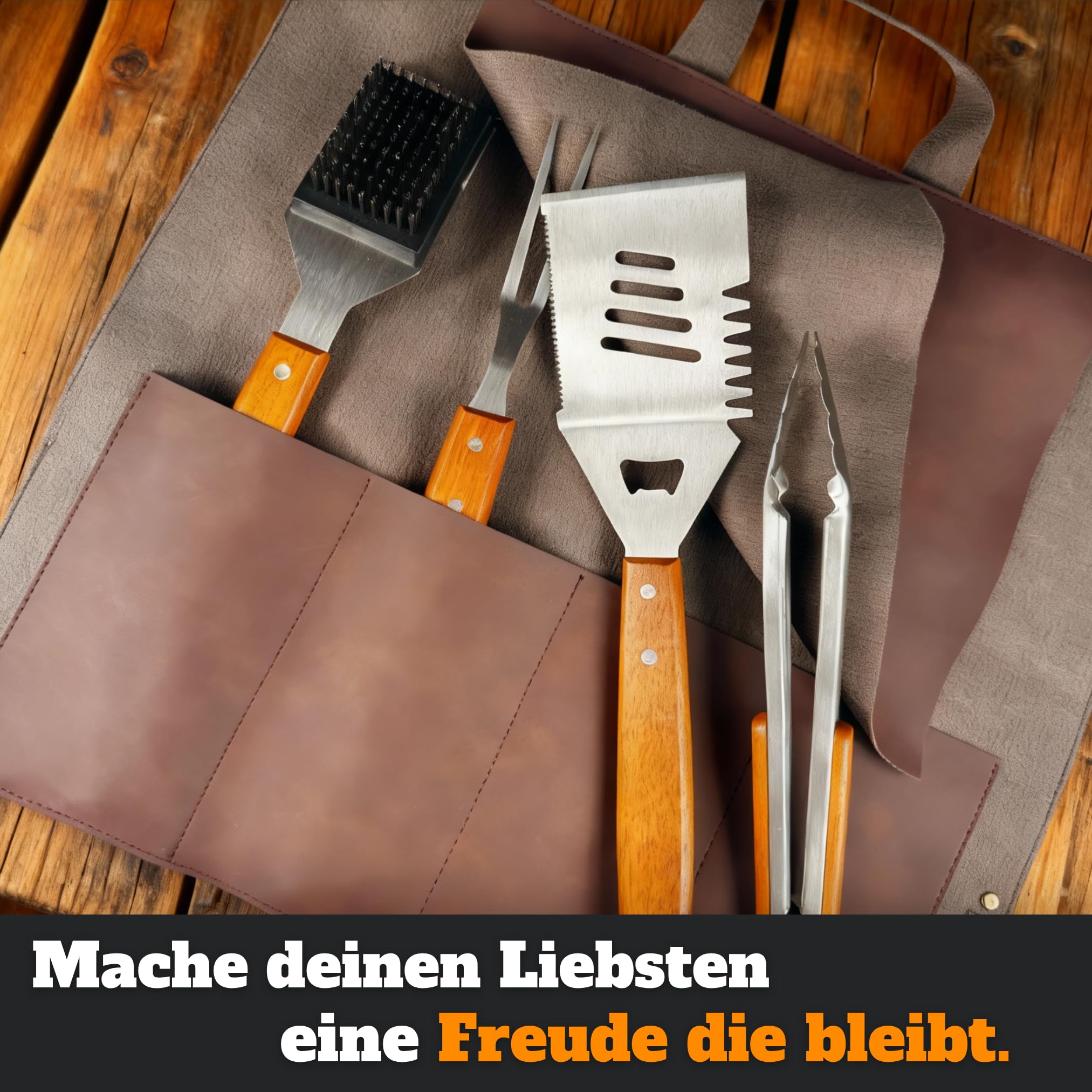 Grillset für Männer Geschenk - Premium Grill Set mit Ledertasche, Grillbesteck & Grillzubehör, Holzgriffe, 3 in 1 Wender mit Flaschenöffner und Schneidekante 5