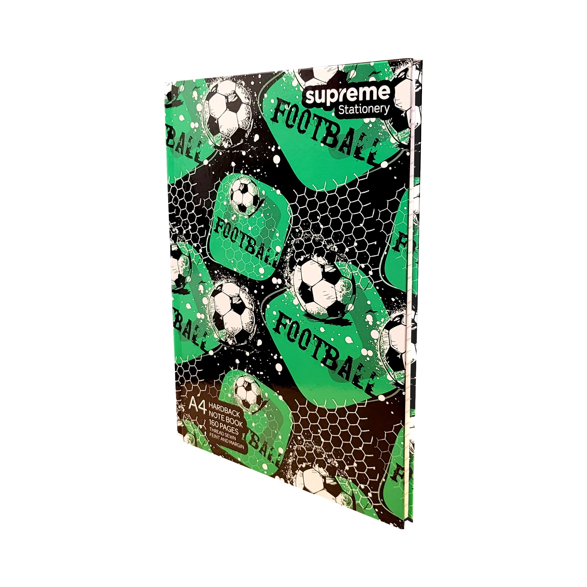 A4 Notebook Hardback 160 Pages Thread Sewn Feint and Margin Football Design Cover - Ruled Notebook (Green)