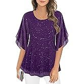 Ninedaily Women's Tops 3/4 Sleeve Blouses Dressy Casual Double Layers Mesh Tunic Shirts