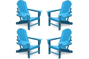 FOOWIN Folding Adirondack Chair Set of 4, HDPE Adirondack Chairs with Cup Holder, Weather Resistant Plastic Fire Pit Chairs for Outdoor, Patio, Lawn, Garden, Backyard, Deck, Pacific Blue