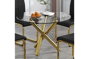 HAIZAO Round Glass Dining Room Table for 2 to 4 Person Modern Tempered Glass Top, Sturdy Chrome Legs, Adjustable Foot Pads, Kitchen Table for Living Room, Dining Room, Tea, Home, 39.37 Inch, Golden base