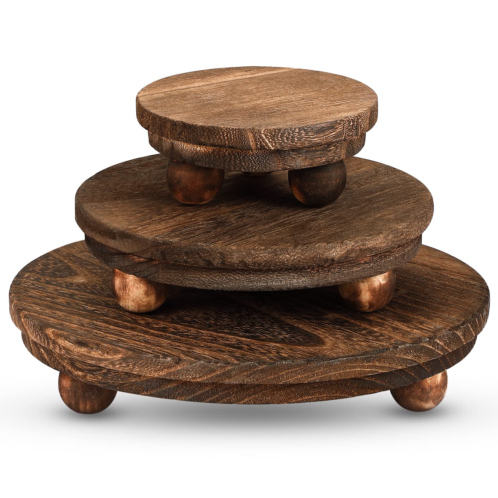 Photo 1 of **1 OF THE LEGS NEEDS TO BE REPAIRED** Amyhill 3 Pcs 8/6/4 Inch Wooden Risers for Display Wood Pedestal Stand Mini Tray Stand Round Wooden Pedestal Holder Rustic Riser for Decor Tiered Tray Decor Home Kitchen(Brown)