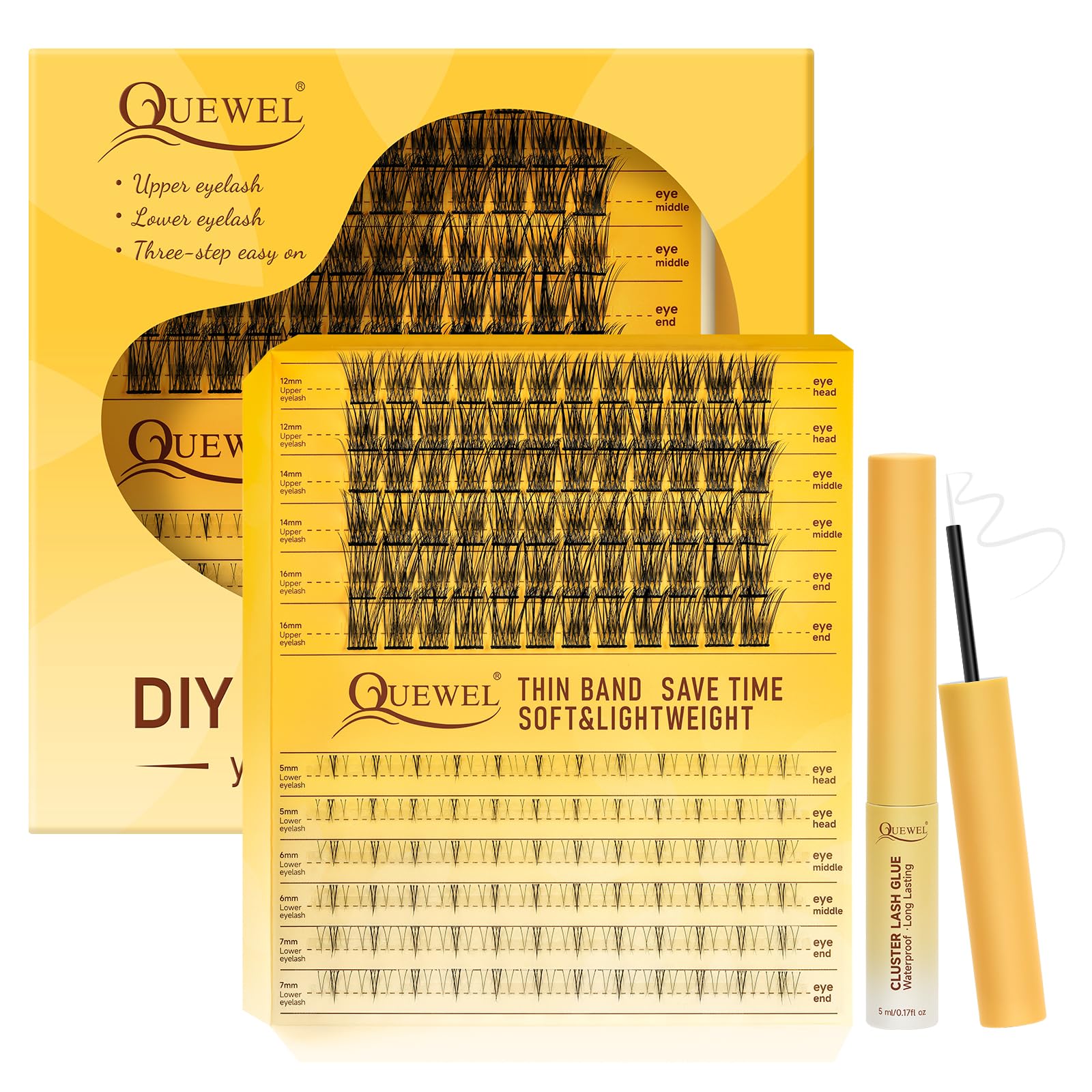 QUEWEL Cluster-Lashes Kit Upper and Lower Eyelash-Clusters with Long Lasting Lash-Clusters Bond, DIY Lash -Extensions Can Be Completed In Three Steps, and Can Easily Create Big Eye Effects(Easy01 MIX) — image 1