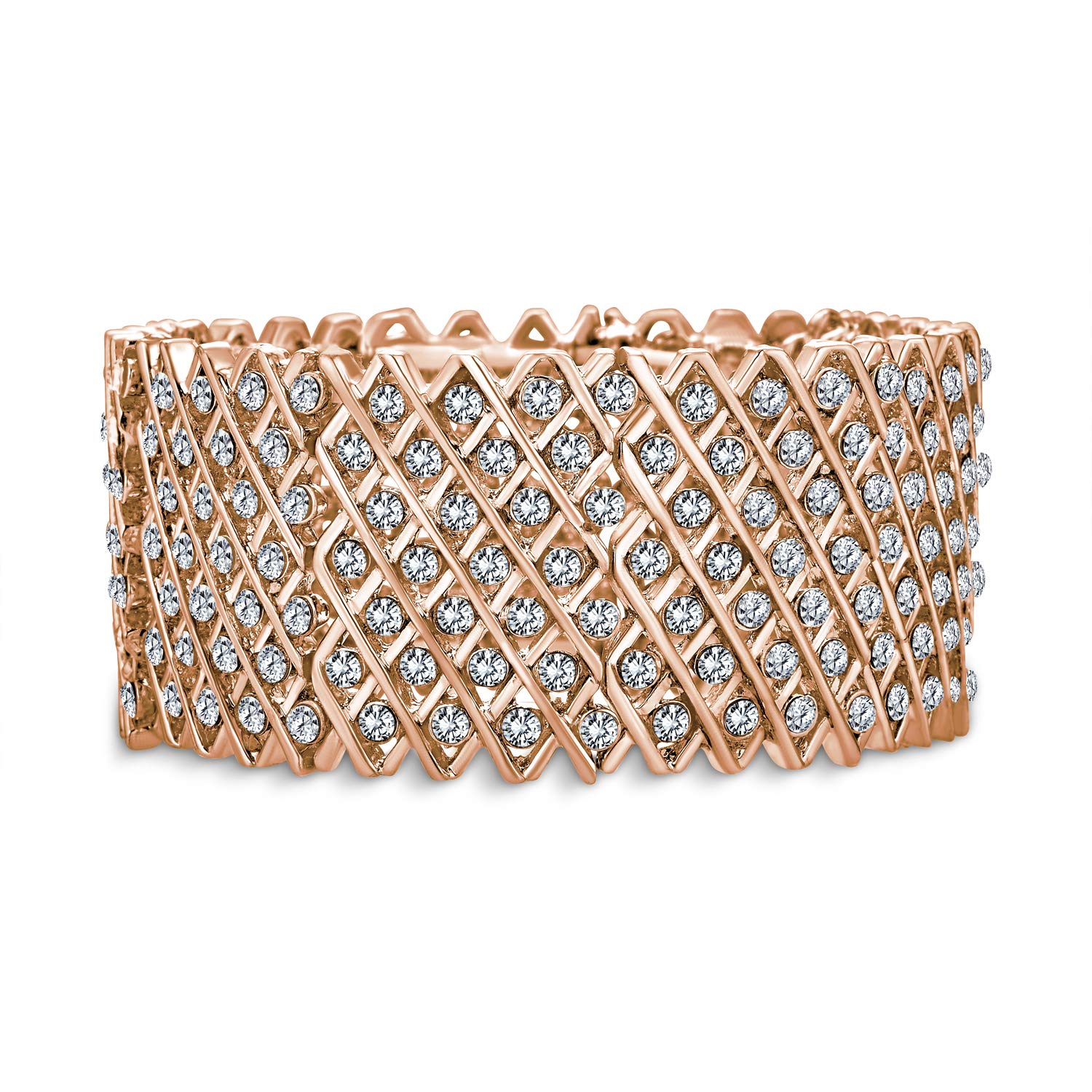 Bling Jewelry Brides Wedding Fashion Wide Pink Rose Gold Plated White Crystal Encrusted Statement Stretch Bracelet For Women Teens Prom Adjustable