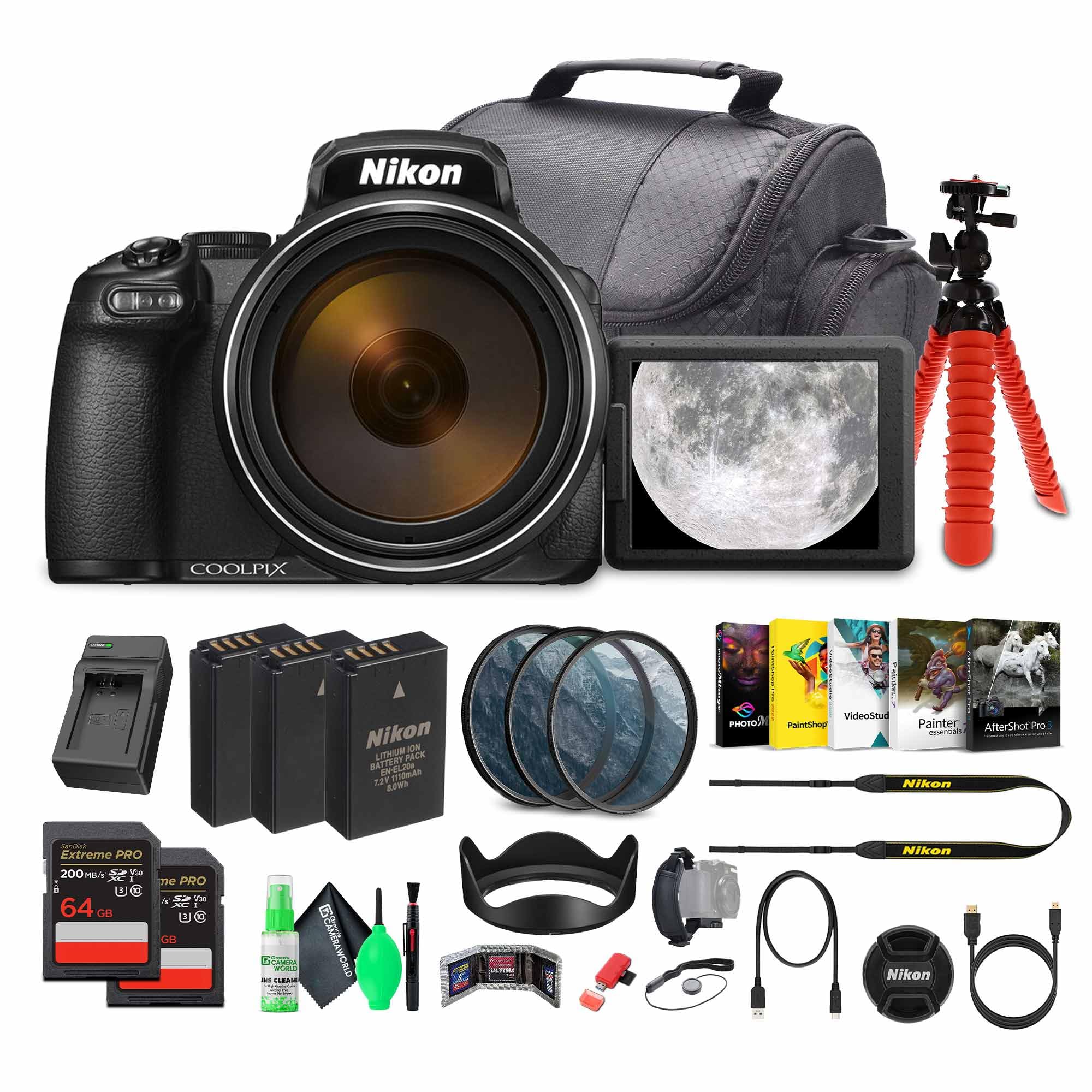 Nikon COOLPIX P1100 125x Super Zoom Compact Digital Camera (26541) + Photo Software + 2 x 64GB Memory Card + Lens Filter Kit + Camera Bag + 2 x EN-EL20 + Charger + More