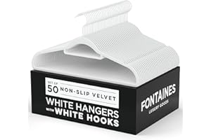 FONTAINES LUXURY GOODS Fontaines Luxury White Velvet Felt Non Slip Clothes Hangers 50 Pack - Ultra Slim & Space Saving - Heavy Duty Swivel Hook for Clothing, Suit, Top, Tie, Shirt, Skirt & Pant Organization