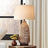 360 Lighting San Carlos Coastal Cottage Core Modern Table Lamp 29" Tall Natural Rattan Wicker Bronze Oatmeal Fabric Tapered D