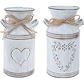 2pcs Metal Flower Vase Galvanized Milk can Watering Jug, Rustic Flower Pitcher Farmhouse Vase with Heart Shaped for Home Office Garden Wedding Decor Indoor and Outdoor Table Centerpiece