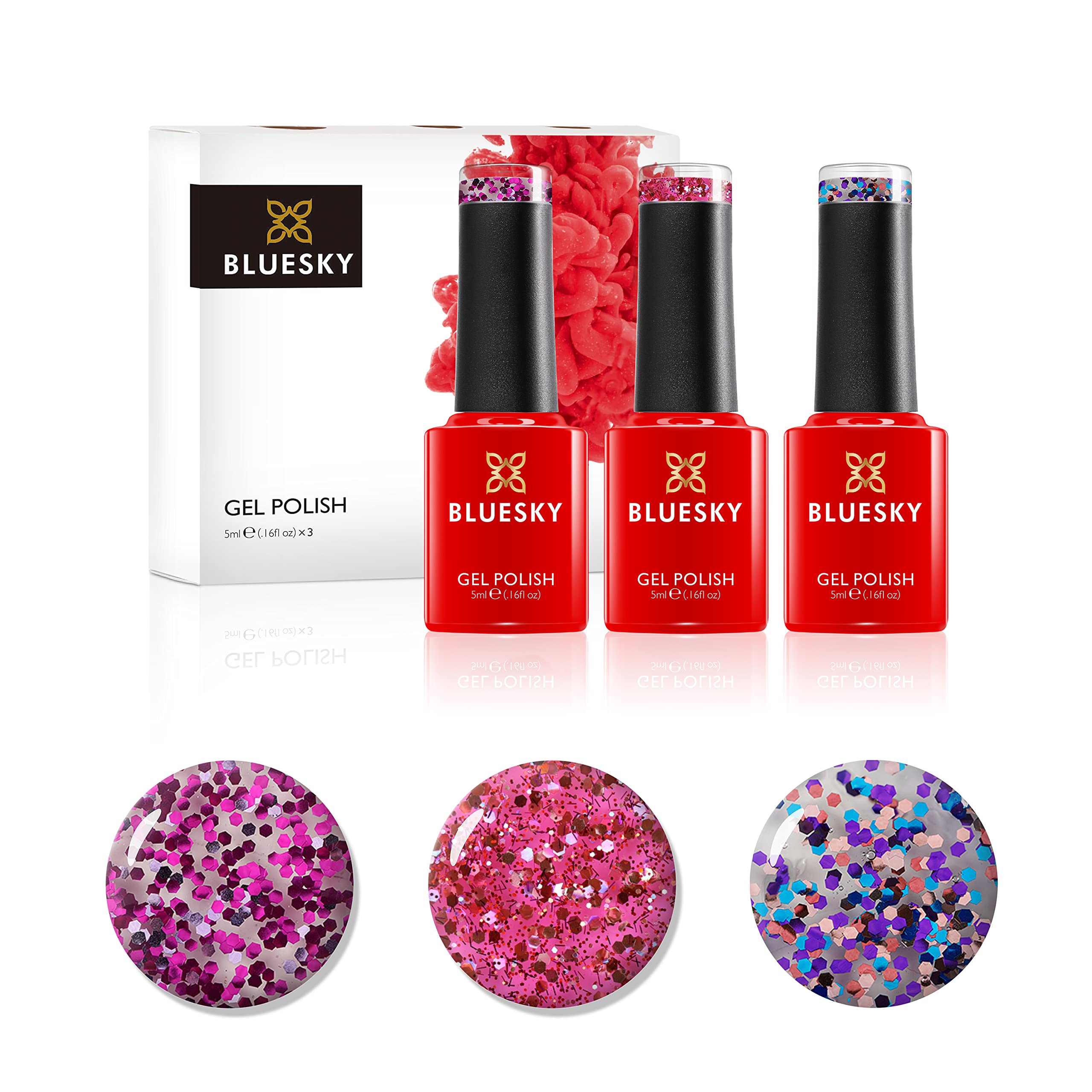 Bluesky Gel Nail Polish Set, Glitters, Cuba SUM1918, Rio de Janeiro SUM1917, Ibiza SUM1916, 3 x 5 ml, Pink, Blue, Purple (Requires Curing Under UV or LED Lamp)