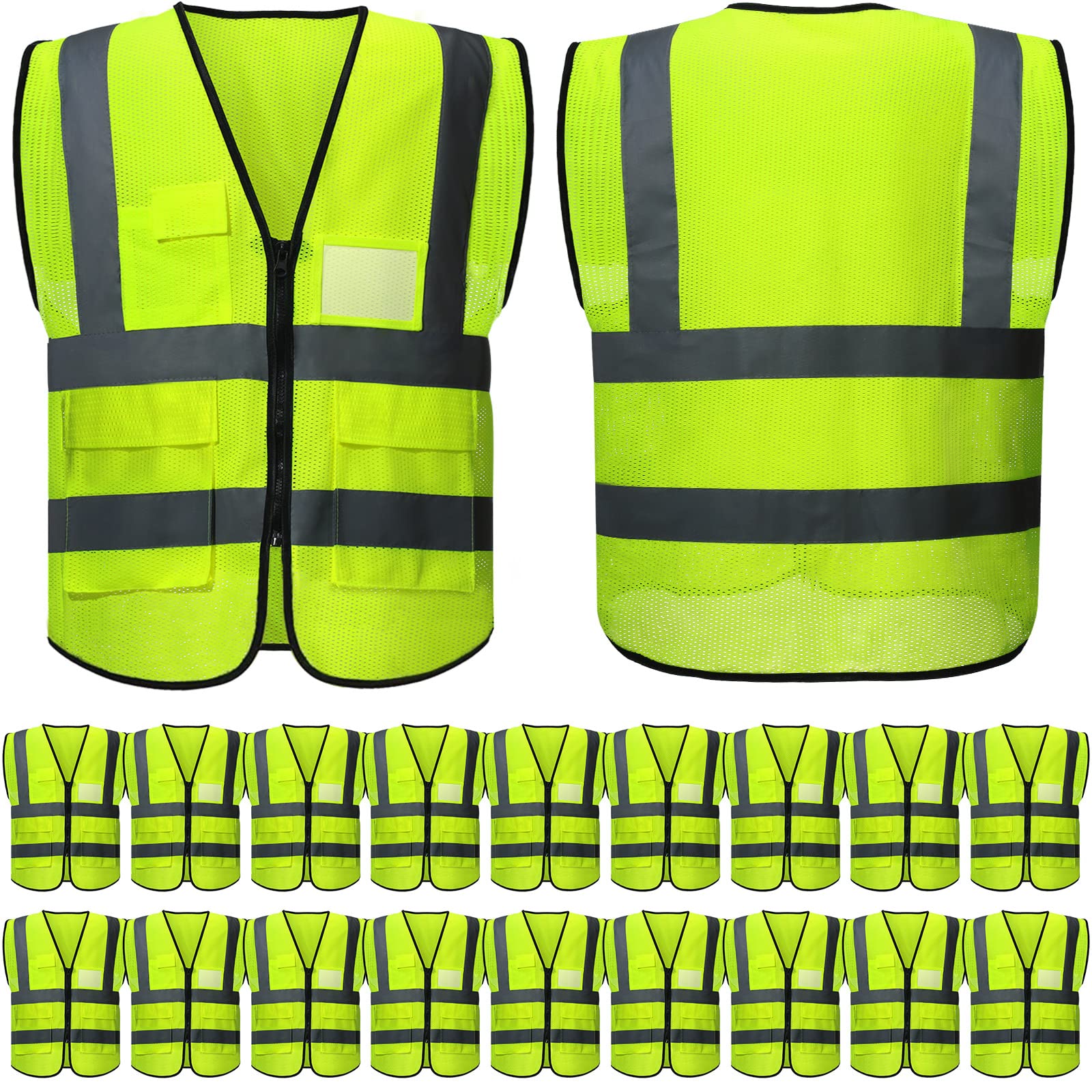 Photo 1 of JaGely 20 Pack Reflective Safety Vests with Pockets, High Visibility Mesh Construction Vest for Men Women, Neon Yellow, Size L