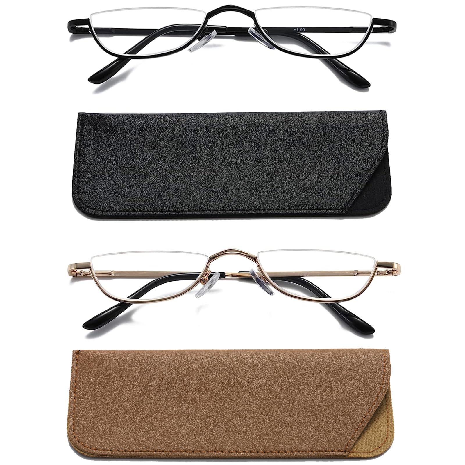 Hubeye 2 Pairs Half Moon Reading Glasses for Women and Men Metal Slim Half Frame Lens Ultra Thin Readers with Spring Hinges and Leather case 1.00 — image 1