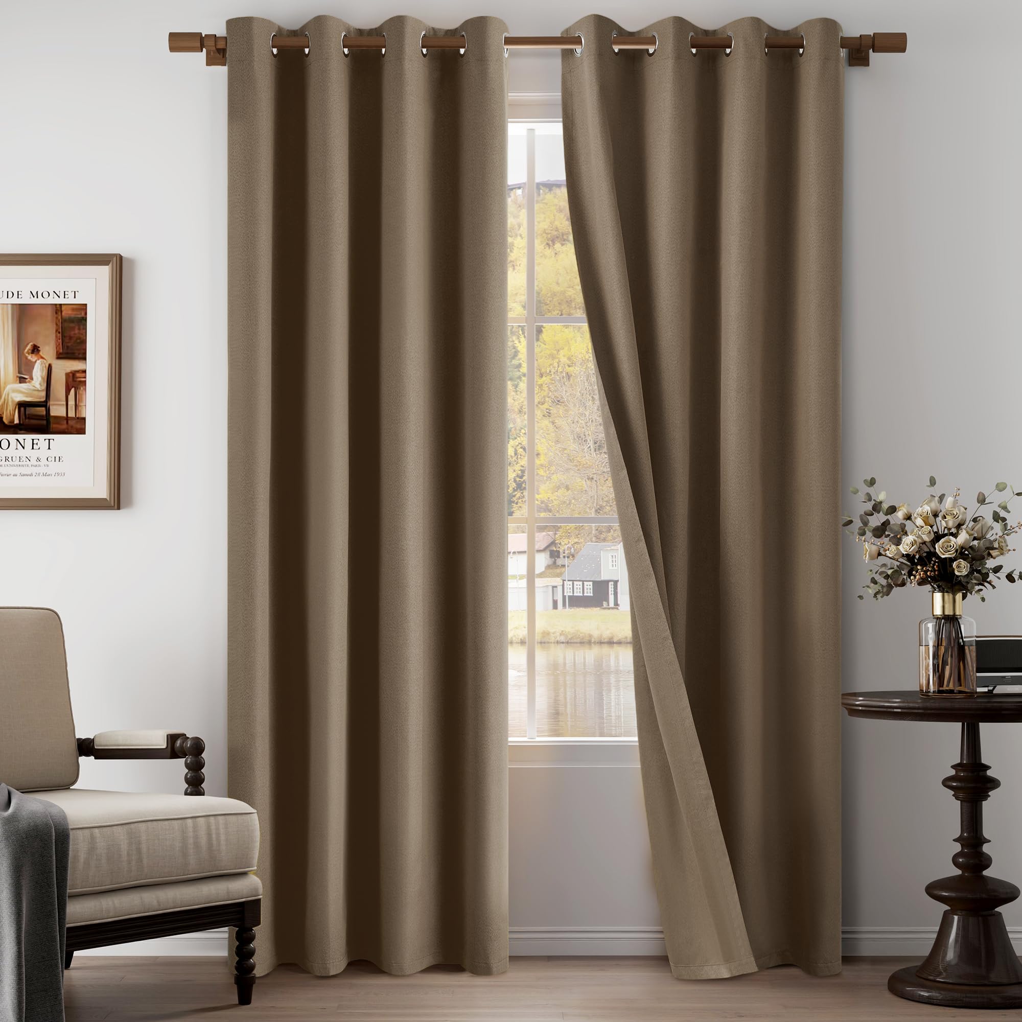 Photo 1 of 100% Blackout Linen Textured Curtains 95 Inch Length 2 Panels Set for Living Room, Bedroom, Light Weight Curtains with Grommets Top, Full Blackout Curtains Privacy Protection, Brown, 52" W x 95" L