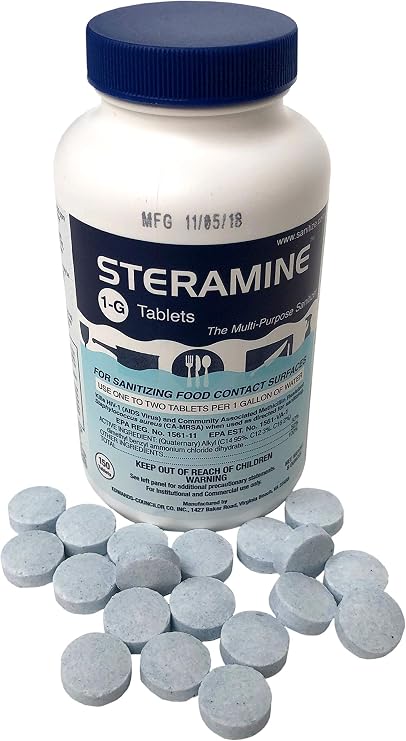 Amazon Com Steramine Sanitizing Tablets For Sanitizing Food Contact Surfaces Kills E Coli Hiv Listeria Model 1 G 150 Sanitizer Tablets Per Bottle Blue Pack Of 1 Bottle Home Kitchen