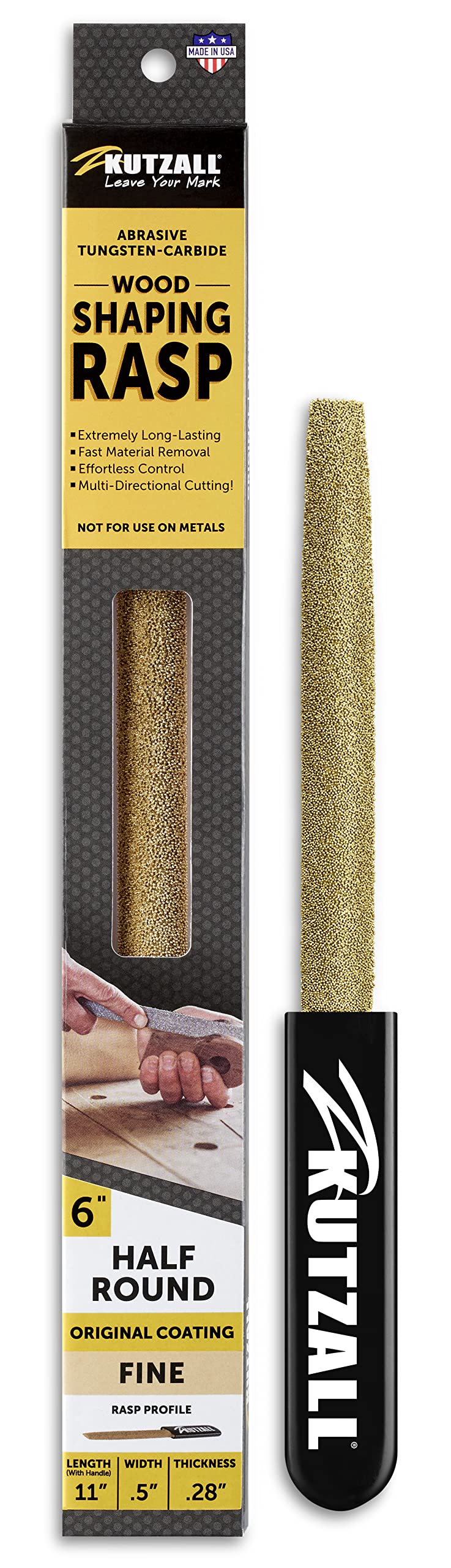 Kutzall Original 6" Half-Round Hand Rasp - Fine, Wood Rasp/File for Woodworking & Shaping, W/Ergonomic Soft Grip Handle, Abrasive Tungsten Carbide Coating - 11" (279.4mm) Overall Length - HR6170