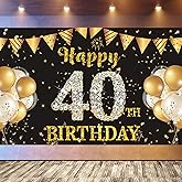 40th Birthday Backdrop Banner, Large Fabric Happy Birthday Banner Sign, Black and Gold Party Decorations for Men Women, 40th Birthday Anniversary Celebration Photo Booth Backdrop 71 * 43 inch PHXEY