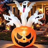 Bajree 6 FT Halloween Inflatable Pumpkin with 3 Ghosts for Outdoor Decor | Halloween Blow Ups Pumpkin Decor with Ghosts, Fast Inflation, LED Lights for Yard, Lawn, Garden and Parties