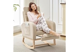 Tioutbot Rocking Chair with Footrest for Nursery, Modern PU Upholstered Glider Accent Armchair with High Backrest, Padded Seat, and Side Pocket – Ideal for Living Room, Bedroom,Beige