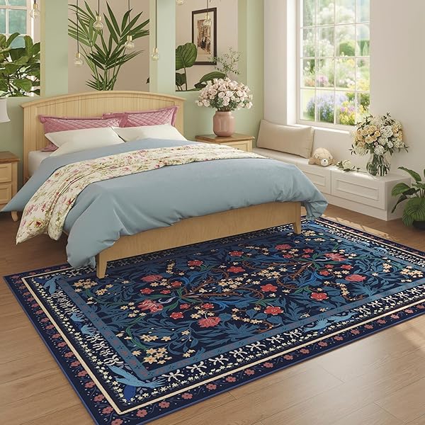 VOWKTEN AREA RUGS 8X10 FOR LIVING ROOM CLEARANCE WASHABLE VINTAGE FLORAL BOTANICAL RUG NON SLIP LOW PILE LARGE RUG FOR BEDROOM, FARMHOUSE, DINING ROOM, KIDS PLAYROOM, BLUE