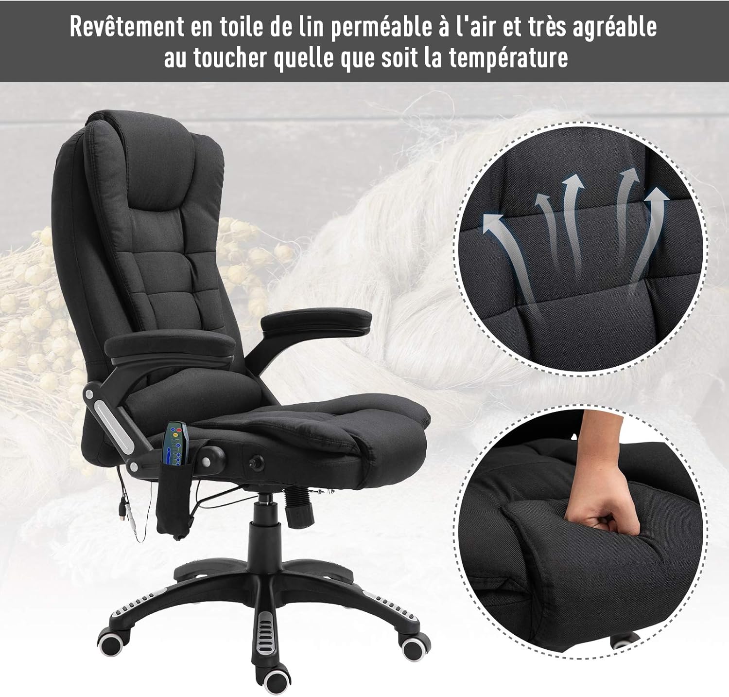 Homcom Fauteuil De Bureau Direction Massant Chauffant Hauteur Reglable Dossier Inclinable Toile De Lin Noir Amazon Fr Cuisine Maison