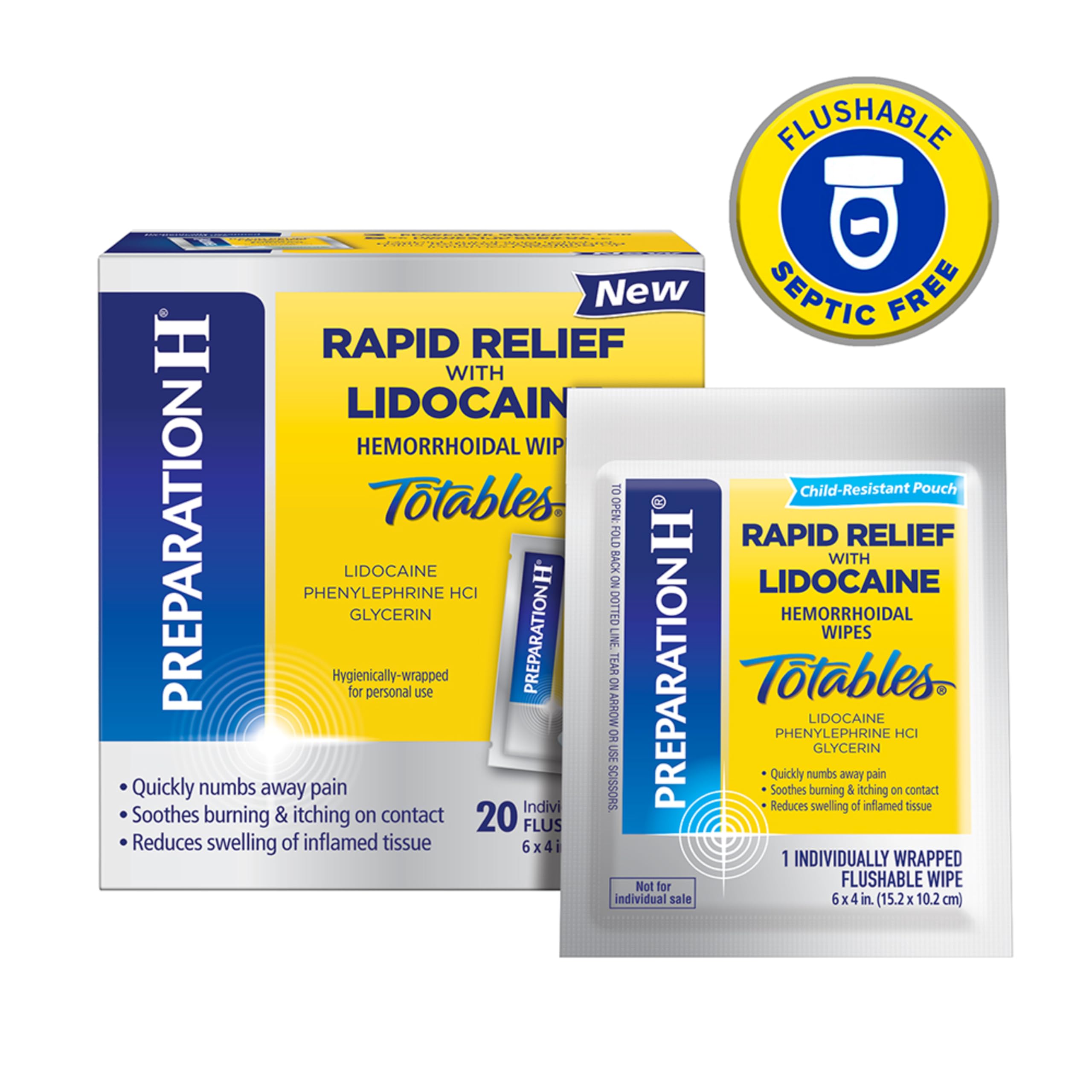 Preparation H Rapid Relief Hemorrhoid Wipes with Lidocaine, Numbing Relief for Swelling, Pain, Burning and Itching - 20 Count