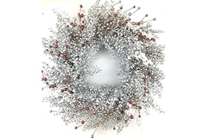 HUASHEN Winter Front Door Wreath 24 Inch Winter Wreaths with Metallic Silver Boxwood, Red Golden White Berry Winter Door Wreath or Festival Celebration Front Door Wall Window Hanging