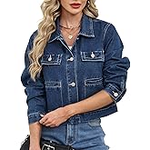Ladyful Women's Denim Jacket Cropped Button Down Lightweight Long Sleeve Fitted Jean Jacket Coat with Pockets