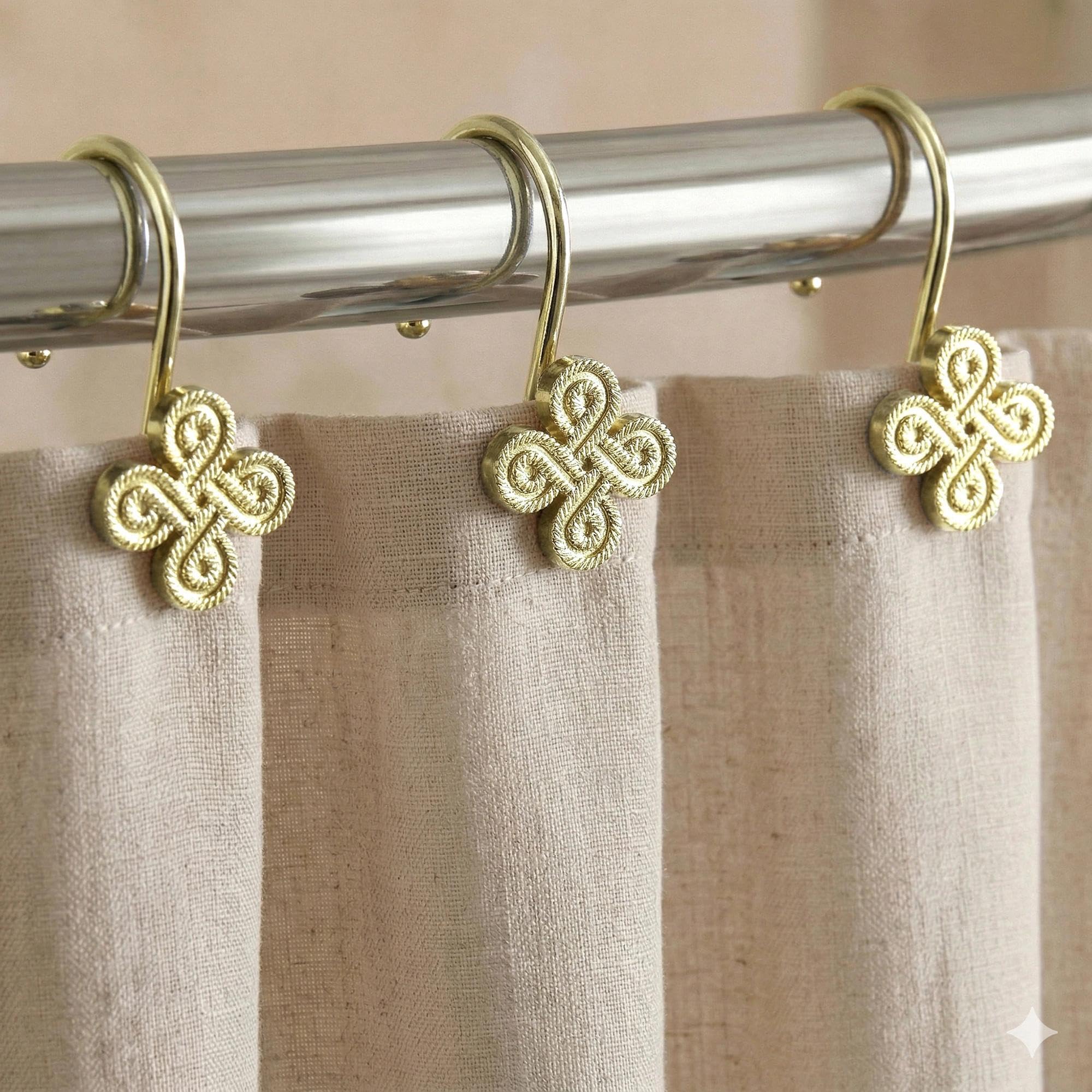 Gold Shower Curtain Hooks Rings: Rust Proof Metal Shower Hooks for Bathroom - Flower Clover Designed Decorative Curtain Rings Hangers for Shower Rod - Set of 12