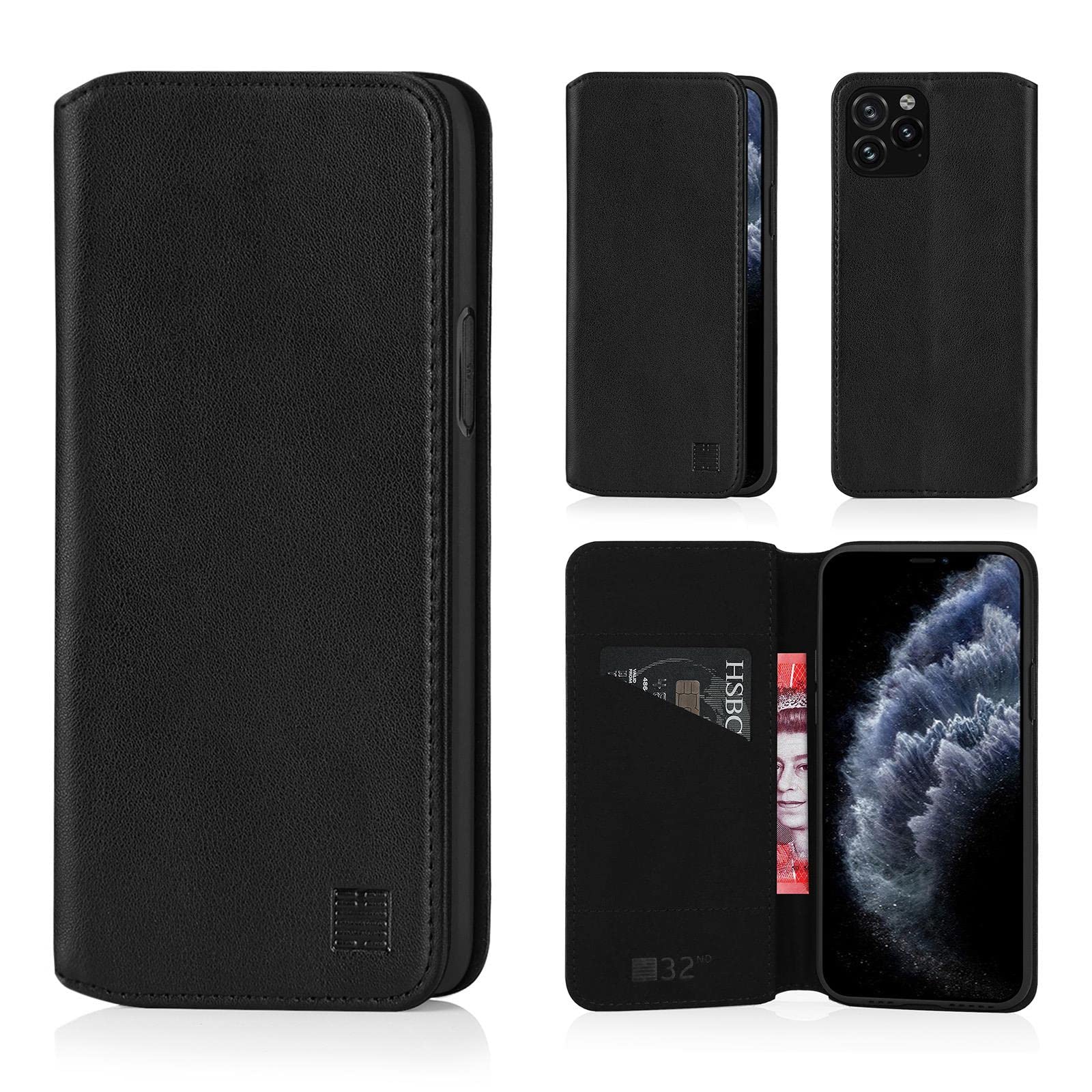 32nd Classic Series 2.0 - Real Leather Book Wallet Flip Case Cover For Apple iPhone 11 Pro (5.8"), Real Leather Design With Card Slot, Magnetic Closure and Built In Stand - Black