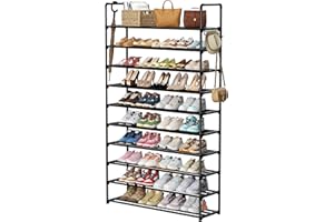 SPUSEN Shoe Rack, 10 Tier Shoe Storage Organizer with Hooks,Fit 40-45 Pairs Shoes,Metal Tall Shoe Shelf for Closet Entryway, Space Saving Tower for Living Room Hallway
