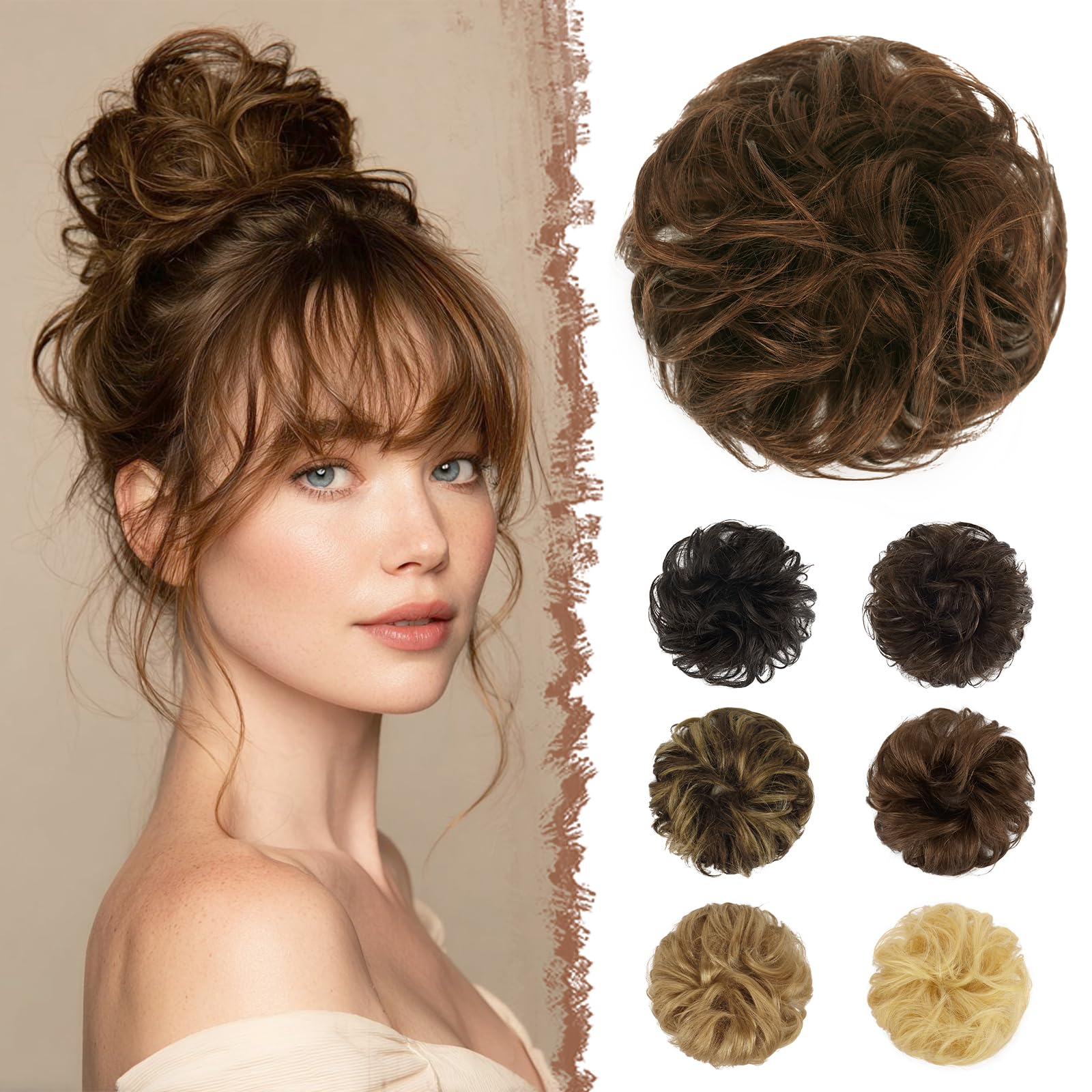 FESHFEN Human Hair Messy Buns, 100% Human Hair Bun Hair Piece Real Hair Extension Wavy Curly Hair Scrunchies Tousled Updo Chignon Hairpieces for Women Girls, Chocolate Light Brown